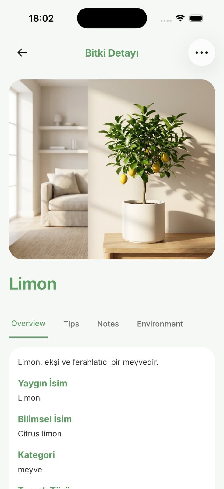 EcoGarnia bitki detay ekranı